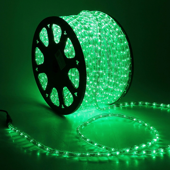 LED шнур 13 мм, круглый, 100 м, фиксинг, 2W-LED/м-36-220V. в компл. набор д/подкл. Зеленый