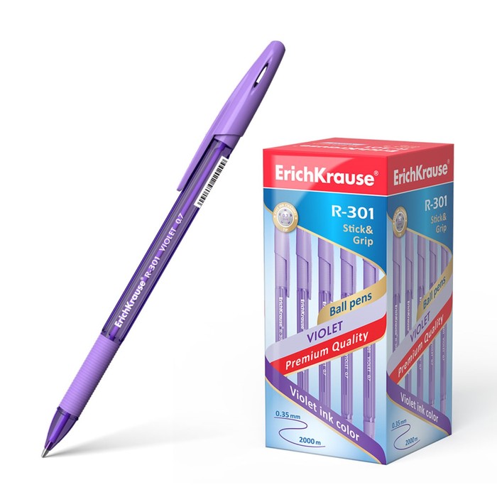 Ручка шариковая ErichKrause R-301 Violet Stick & Grip, узел 0.7 мм, чернила фиолетовые, резиновый упор, длина линии письма 2000 метров
