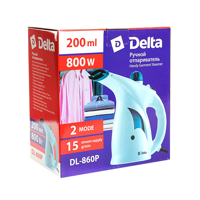 Отпариватель DELTA DL-860Р, ручной, 800 Вт, 200 мл, 15 г/мин, шнур 1.4 м, голубой - фото 46870