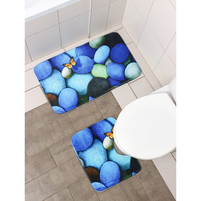 Набор ковриков для ванны и туалета Доляна «Камни», 2 шт, 38×45, 43×73 см
