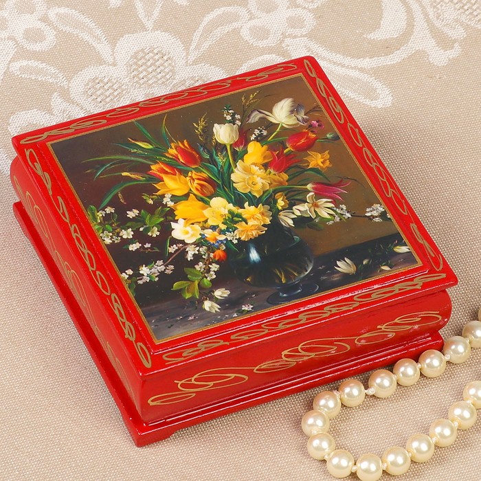 Шкатулка «Цветы в вазе», красная, 10х10 см, лаковая миниатюра - фото 282713070