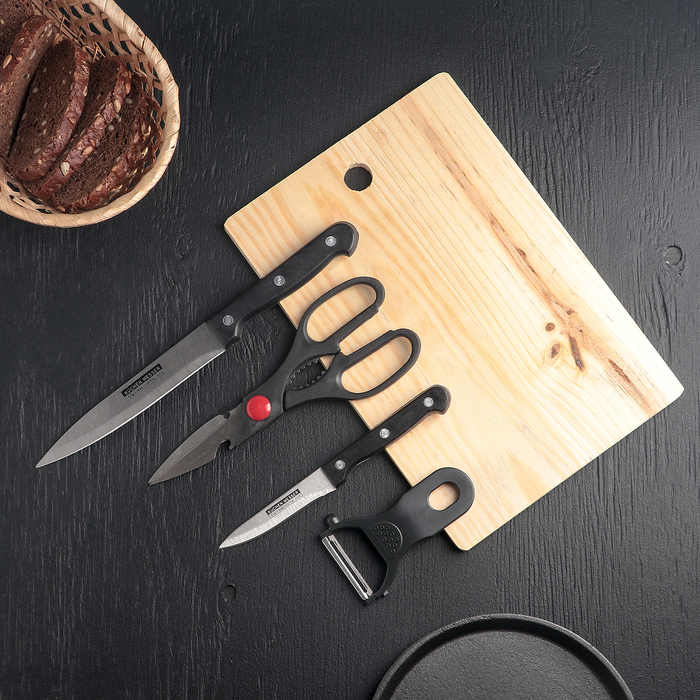 Набор кухонный, 5 предметов: 2 ножа 9,2/15,2 см, овощечистка, ножницы, доска, цвет чёрный