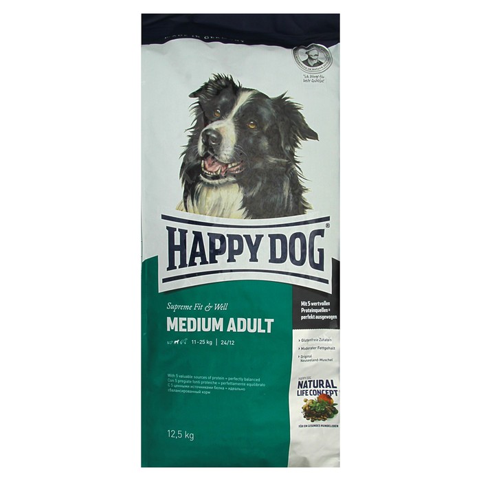 Собака 12 кг. Корм Хэппи дог 12 кг. Happy Dog Medium Adult 12.5. Хэппи дог фасовки кормов сухих для средних собак. Happy Dog Medium Adult 4 кг.