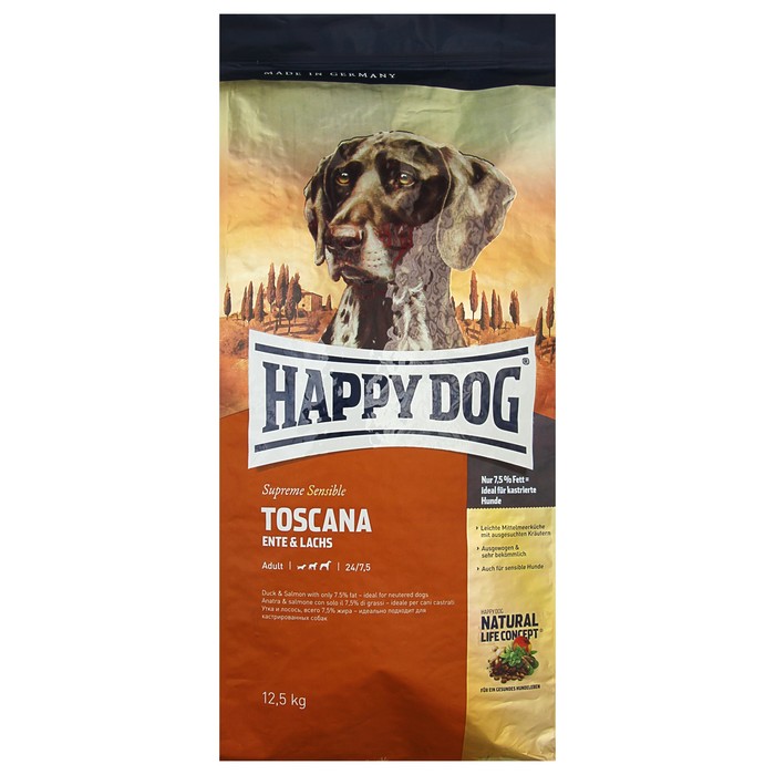 Сухой корм Happy Dog Toskana для собак, утка/лосось, 12.5 кг