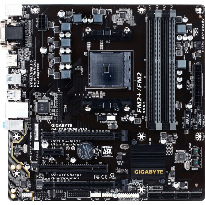 Материнская плата Gigabyte GA-F2A68HM-D3H, Soc-FM2+, AMD A68H, 4xDDR3, mATX, Ret