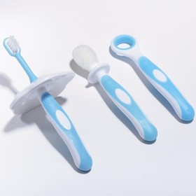 Зубная щётка детская, набор 3 шт. с ограничителем: силиконовая, с мягкой щетиной, для языка, от 3 мес., цвет голубой