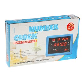 Electronic wall clock with thermometer and alarm clock, the red numbers, 18.5x25 cm