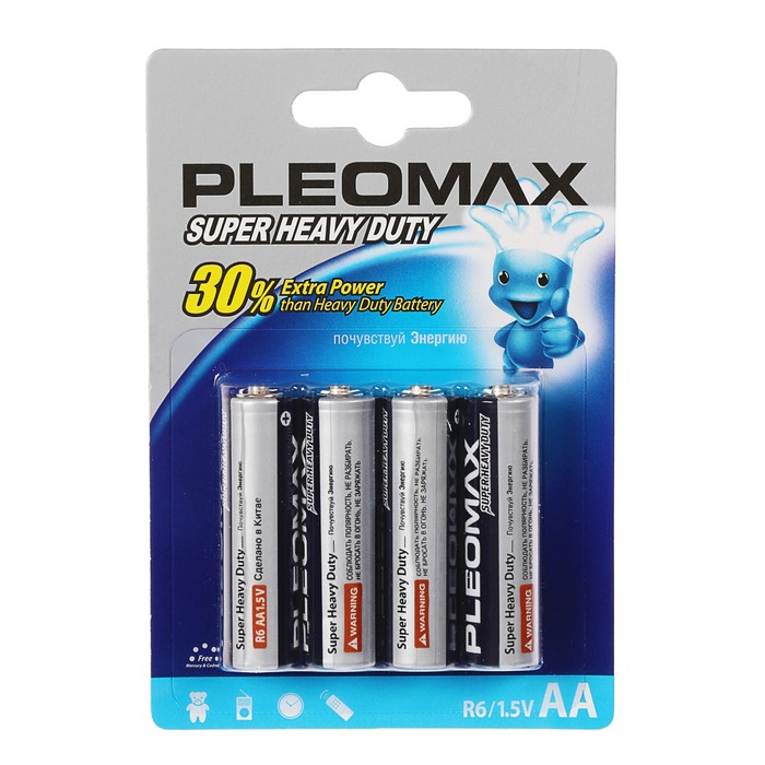 Батарейка солевая Pleomax Super Heavy Duty, AA, R6-4BL, 1.5В, блистер, 4 шт.