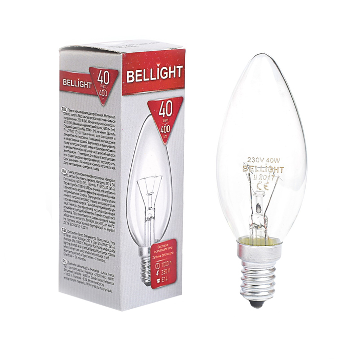 Лампа накаливания BELLIGHT, B35CL, 40 Вт, Е14, 230 В