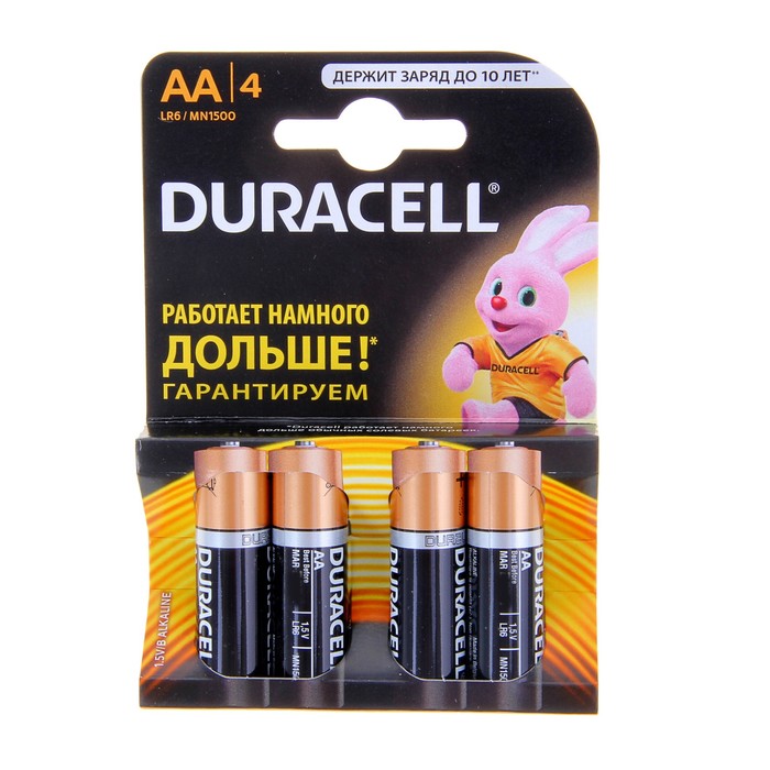 Батарейка алкалиновая Duracell, AA, LR6-4BL, блистер, 4 шт.