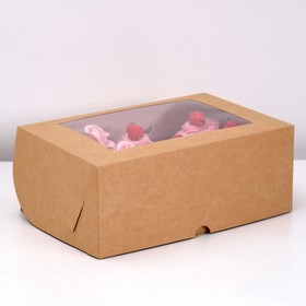 Коробка на 6 капкейков с окном, крафт, 25 х 17 х 10 см