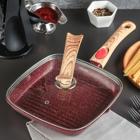 Сковорода-гриль литая «Рубин», 24×3,5 см, стеклянная крышка, съёмная ручка, антипригарное покрытие, индукция, цвет бордовый