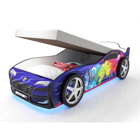 Кровать машина «Турбо синяя 2», подъёмный матрас, подсветка дна и фар, пластиковые колёса