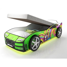Кровать машина «Турбо зелёная», подъёмный матрас, подсветка дна и фар, пластиковые колёса