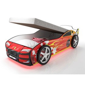 Кровать машина «Турбо красная 2», подъёмный матрас, подсветка дна и фар, пластиковые колёса