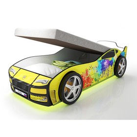 Кровать машина «Турбо жёлтая 2», подъёмный матрас, подсветка дна и фар, пластиковые колёса
