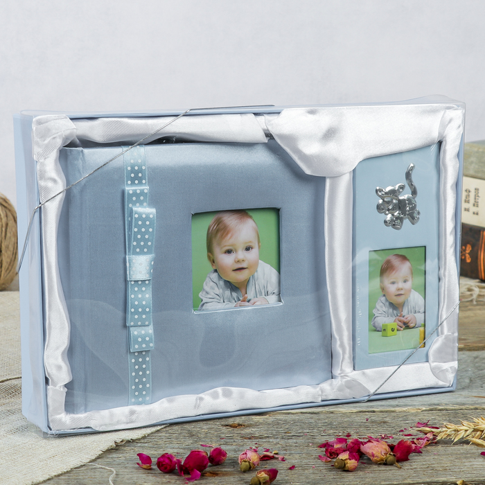 Фотоальбом на 100 фото 10х15 см + фоторамка металл 5х7,5 см BABY-BLUE книжный п-т