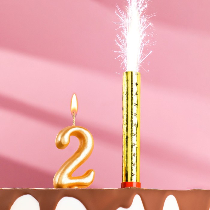Свеча для торта цифра "Овал + фонтан" золотая "2" - фото 800419461