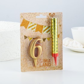 Свеча для торта цифра "Овал + фонтан" золотая "6"
