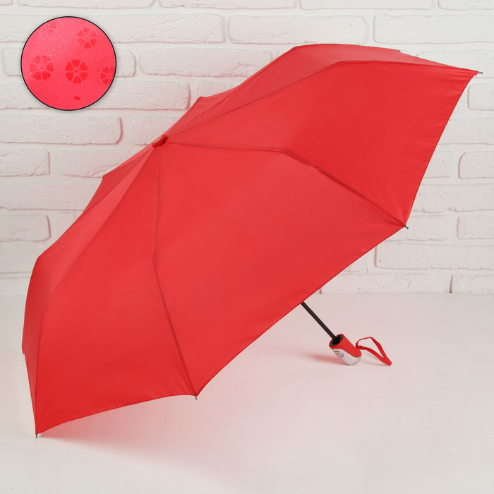 Зонт полуавтоматический &quot;Цветочки&quot;, R=50см, с проявляющимся рисунком, цвет красный