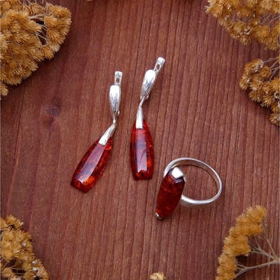 Set silver plated 2 pieces: earrings, ring "amber", color brown, size 17.5