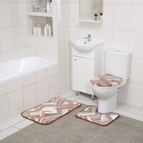 Набор ковриков для ванны и туалета Доляна «Геометрия», 3 шт: 35×39, 40×50, 50×80 см, цвет коричневый