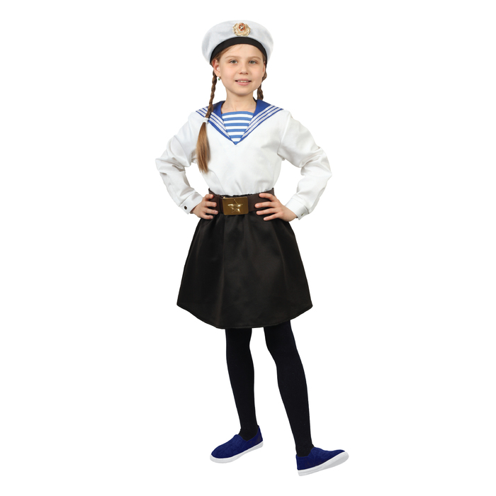 Карнавальный костюм «Морячка в бескозырке» для девочки, белая фланка, юбка, ремень, р. 36, рост 140 см - фото 920017