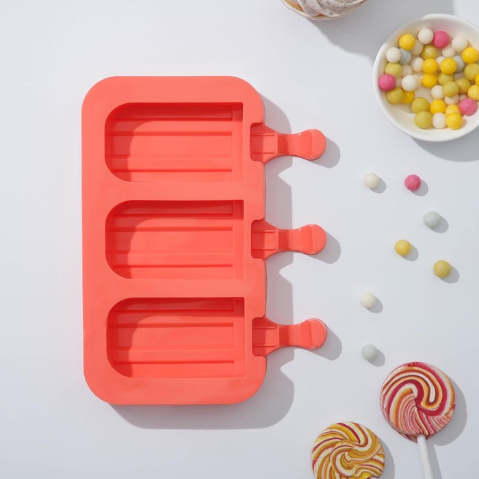 Форма для мороженого «Эскимо макси», 19,5×14,5×2,5 см, 3 ячейки (8,2×4,6 см), цвет МИКС