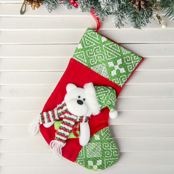 Носок для подарков "Подарочек" 18,5*26 см, медведь зелёный