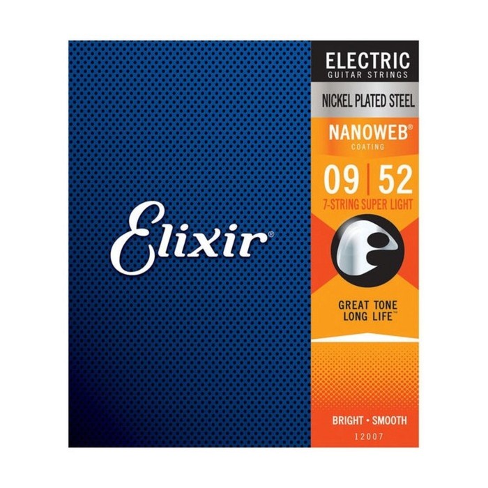 Струны для 7-струнной электрогитары Elixir 12007 NANOWEB никелир. сталь, Super Light 9-52