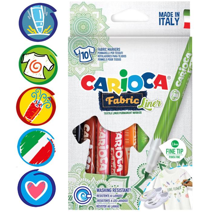 Фломастеры для ткани 10 цветов Carioca "Fabric Liner" 2.6 мм, картон, европодвес