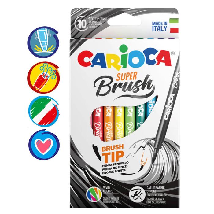 Фломастеры-кисть 10 цветов Carioca Super Brush, смываемые, картон, европодвес - фото 490019