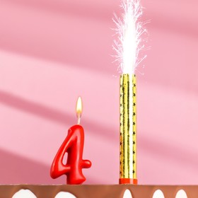Свеча для торта цифра "Овал" красная "4" + фонтан