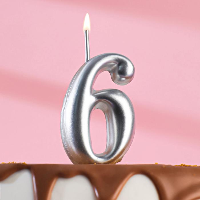 Свеча для торта цифра "Серебряная", 7.8 см, цифра "6" - фото 798074895