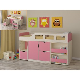 Детская кровать-чердак «Астра 8», цвет дуб молочный/розовый