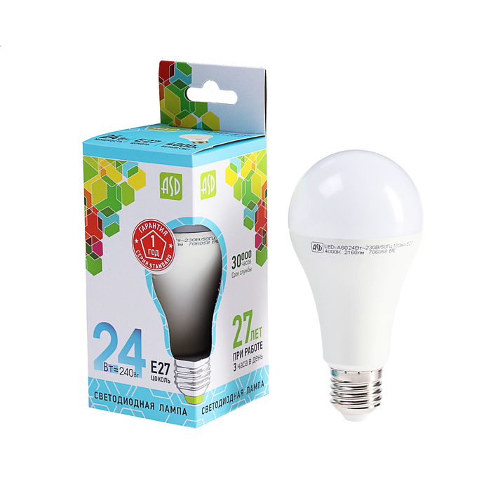 Лампа светодиодная ASD LED-A65-standard, Е27, 24 Вт, 230 В, 4000 К, 2160 Лм