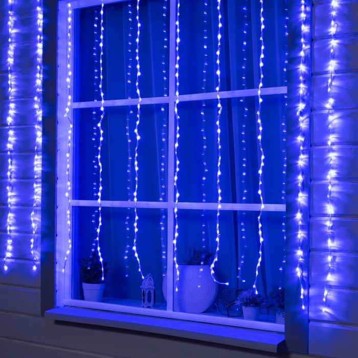 Гирлянда «Водопад» 2 × 1.5 м, IP44, прозрачная нить, 400 LED, свечение синее, 8 комбинаций режимов, 220 В - фото 547829