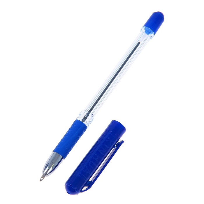 Ручка шариковая 0,5мм прозрачный корпус с синим колпачком и резиновым держателем, стержень синий