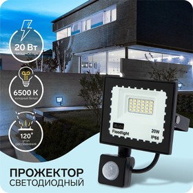 Прожектор светодиодный, 20 Вт, 1800 Лм, 6500К, Датчик движения, IP66