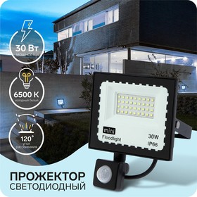 Прожектор светодиодный, 30 Вт, 2700 Лм, 6500К, Датчик движения, IP66