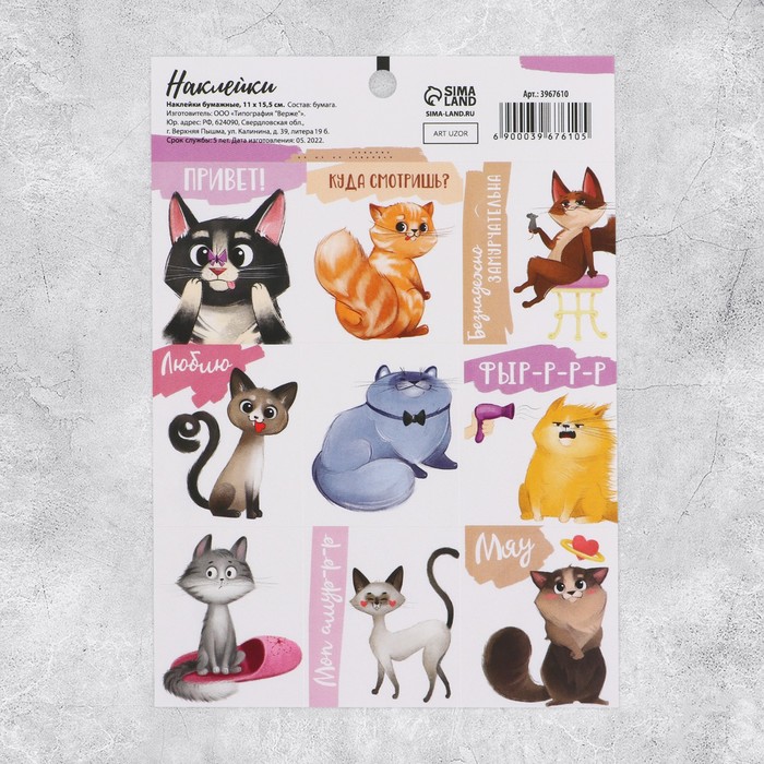 Наклейки бумажные «Котеечки» , 11 × 16 см (10 шт)