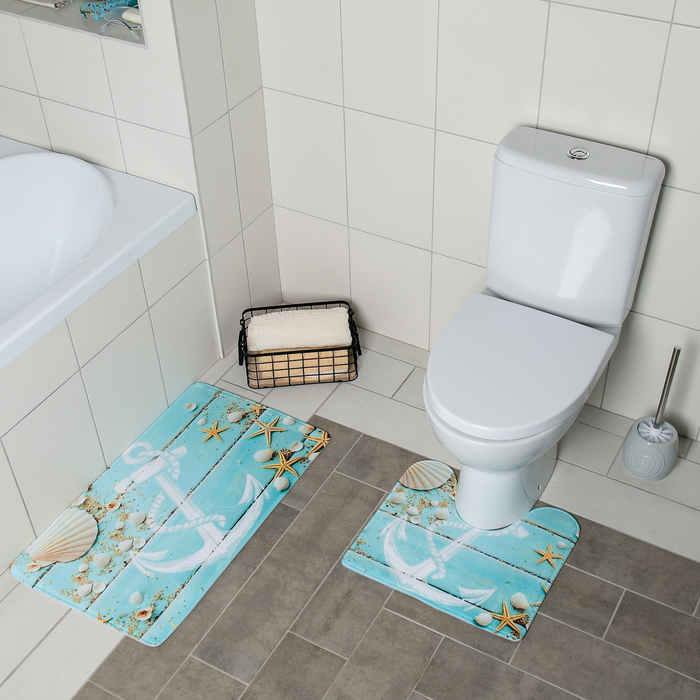 Набор ковриков для ванны и туалета Доляна «Якорь», 2 шт: 40×45, 45×75 см - фото 5174200