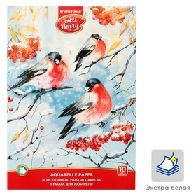 Альбом для акварели А4, 10 листов на клею ArtBerry "Снегири", обложка мелованный картон, блок 180 г/м2