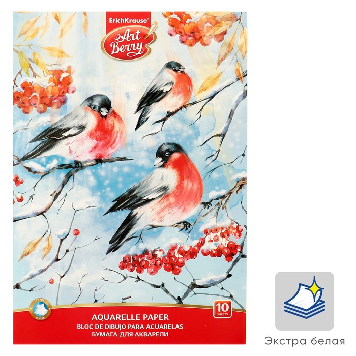 Альбом для акварели А4, 10 листов на клею ArtBerry «Снегири», обложка мелованный картон 170 г/м2, блок 80 г/м2 (2 шт)