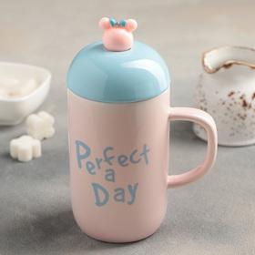 Mug 400 ml, "Good day", with a ceramic lid and spoon, pattern MIX