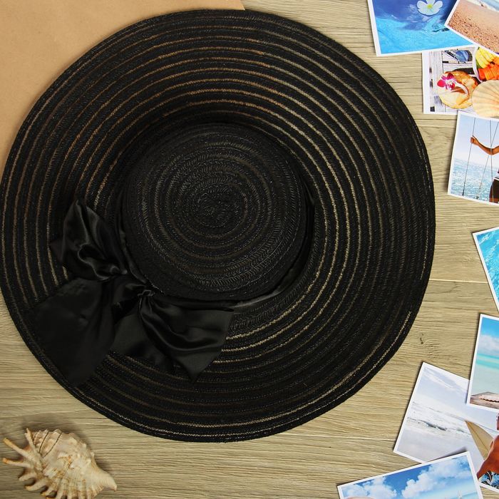 Шляпа пляжная &quot;Утонченность&quot; с шёлковой лентой, цвет чёрный, обхват головы 58 см, ширина полей 14 см