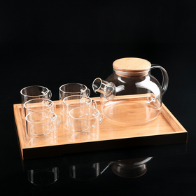 Чайный набор на дерев подставке «Эко», 7 предметов: чайник с ситом 900 мл, кружки 6 шт, 100 мл