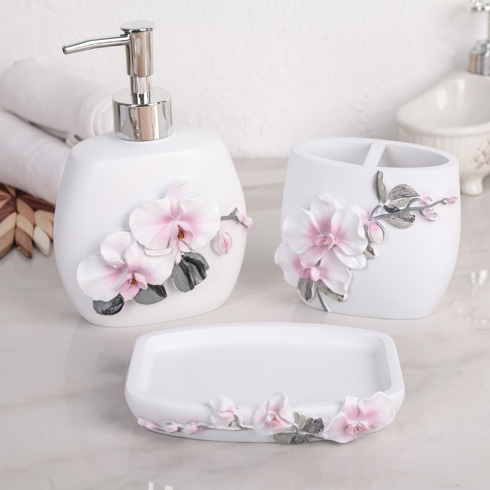 Набор аксессуаров для ванной комнаты «Орхидея», 3 предмета (дозатор 580 мл, мыльница, стакан) - фото 930762