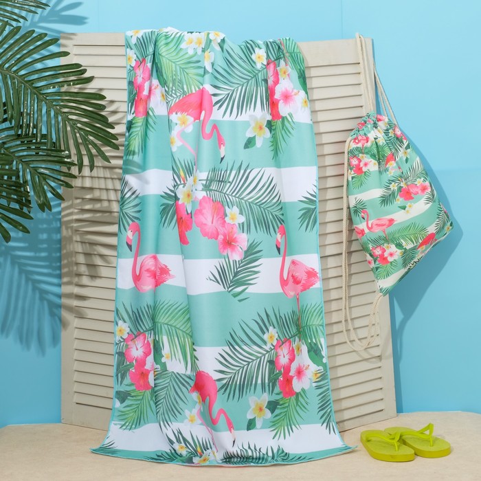 Полотенце пляжное в сумке Этель "Фламинго", 70*140 см, микрофибра, 100% п/э