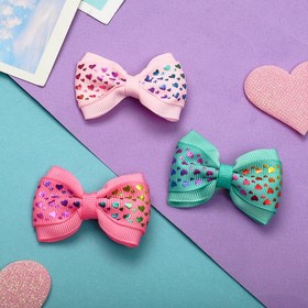Hair clip Bow-6cm hearts holography, mix